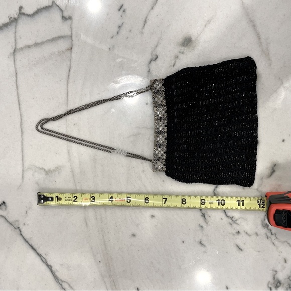 Vintage-style Black beaded evening purse with silver and rhinestone detail. - Picture 5 of 5